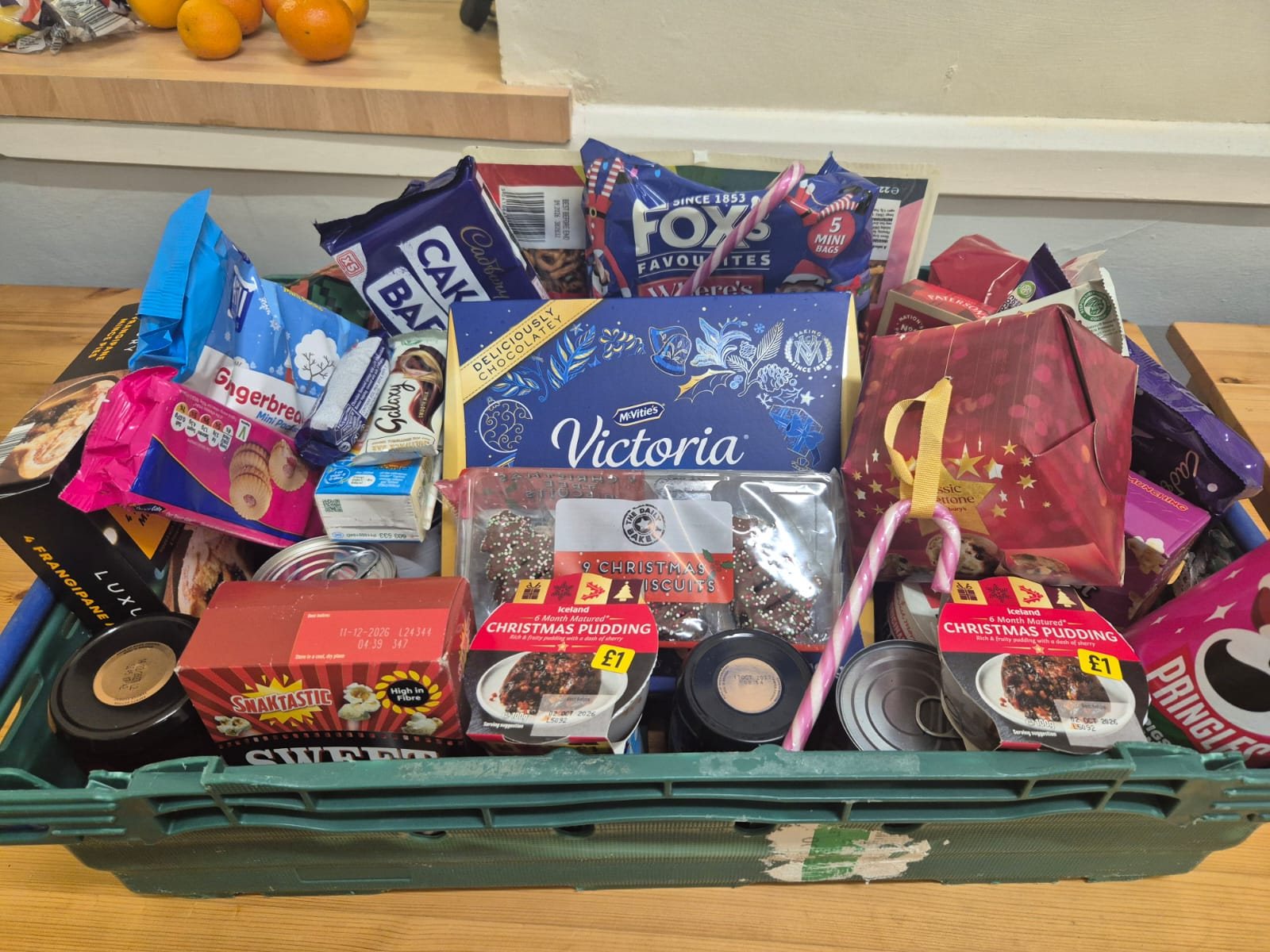 A basket of food and treats prepared for community support