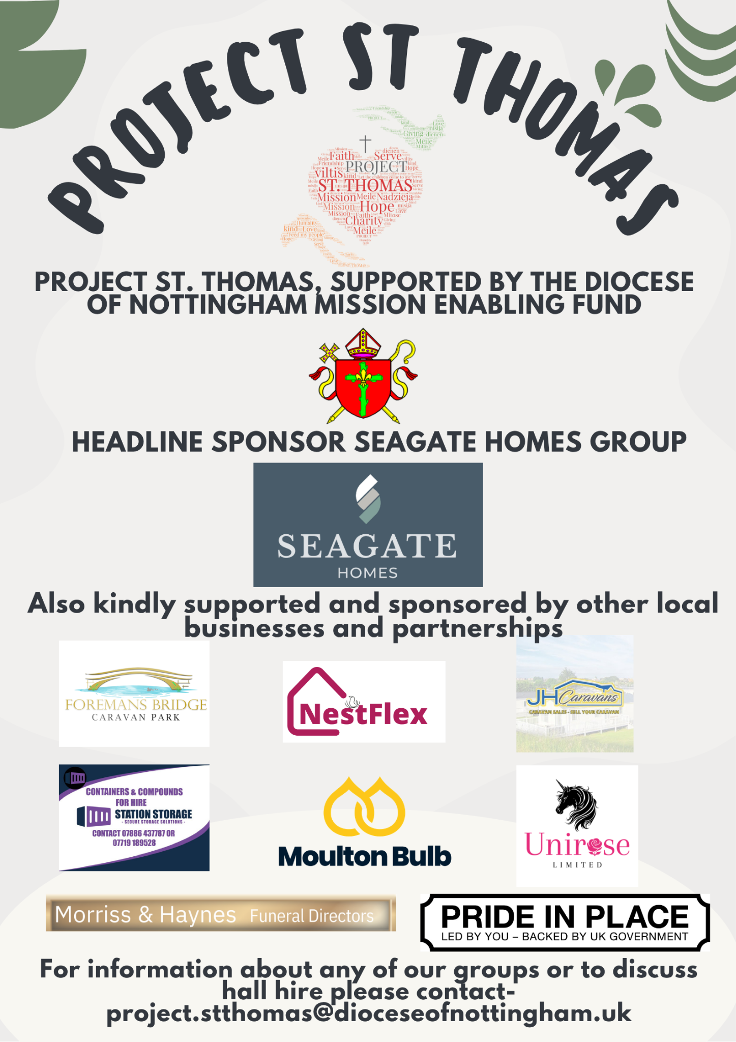 Project St Thomas funders and sponsors, including Seagate Homes, Pride in Place and local business supporters